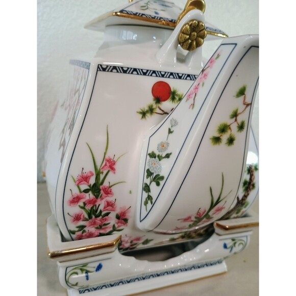 Vintage 1986FP Japan Fine China Teapot with Stand 3 Piece Floral Birds 11” - Picture 6 of 13
